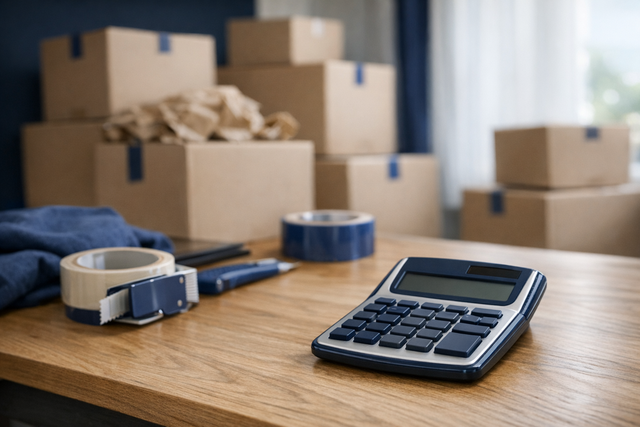 Calculator and moving boxes on a table