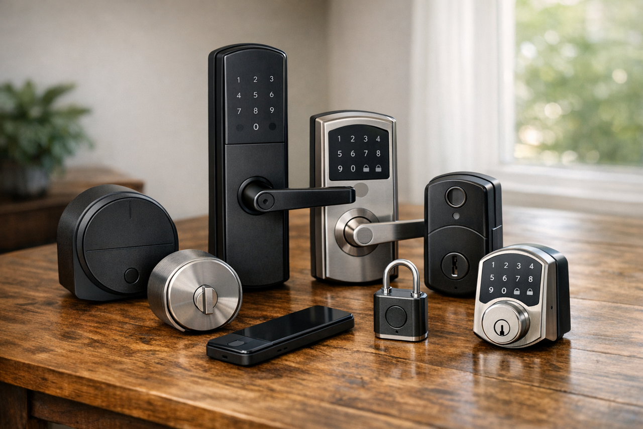 A variety of smart locks displayed on a table