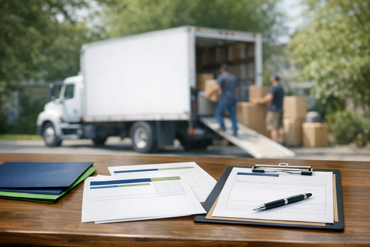 Moving company estimate documents with moving truck in background