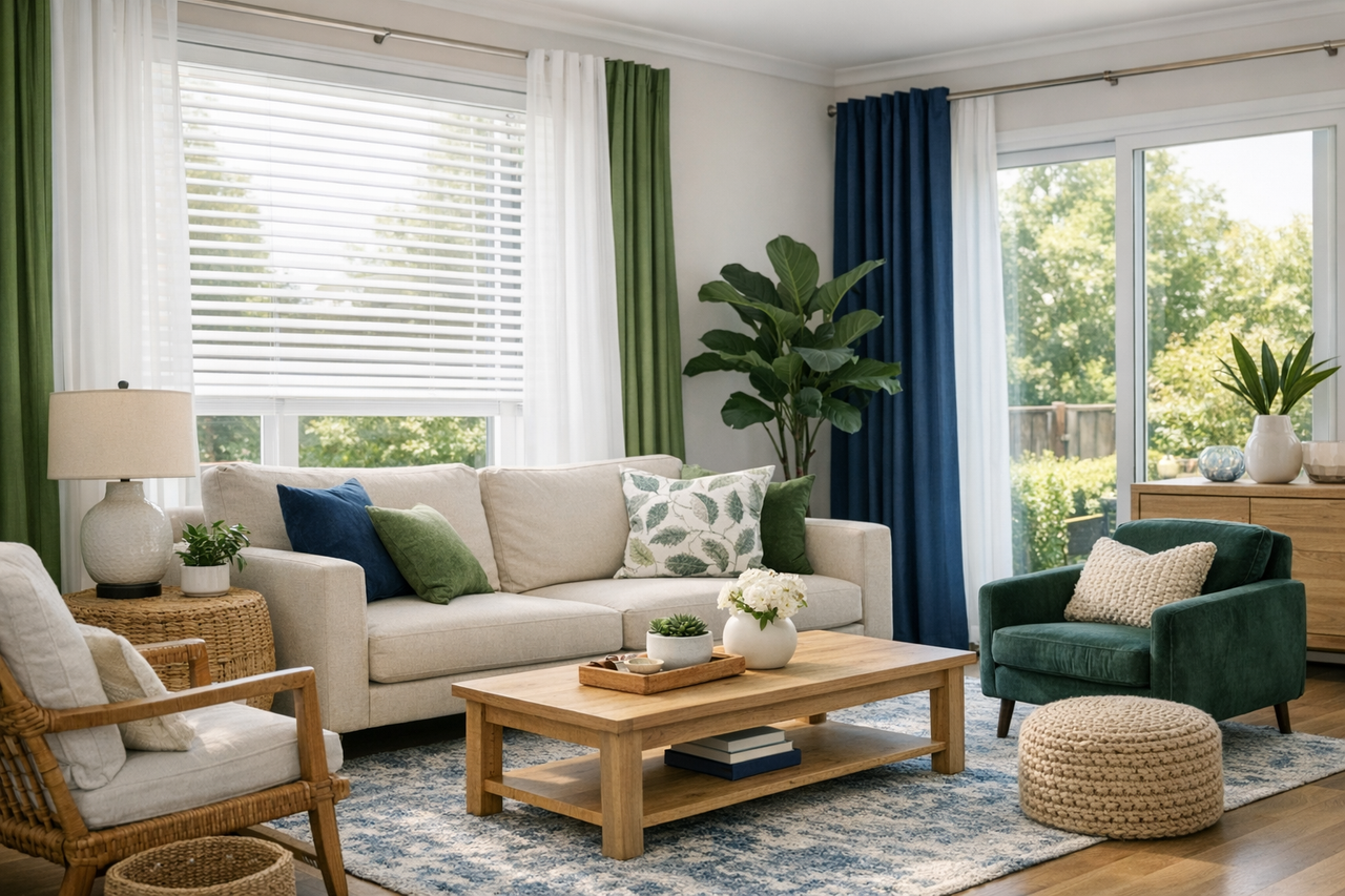 A bright living room with a mix of blinds and curtains on large windows.