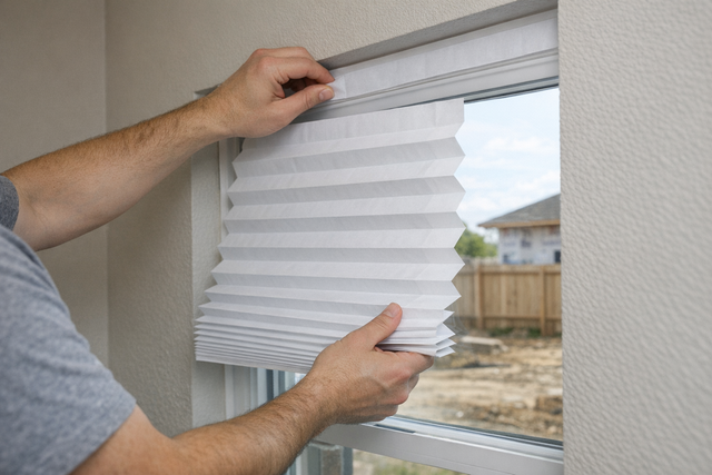 Temporary blinds being installed in a new home window.