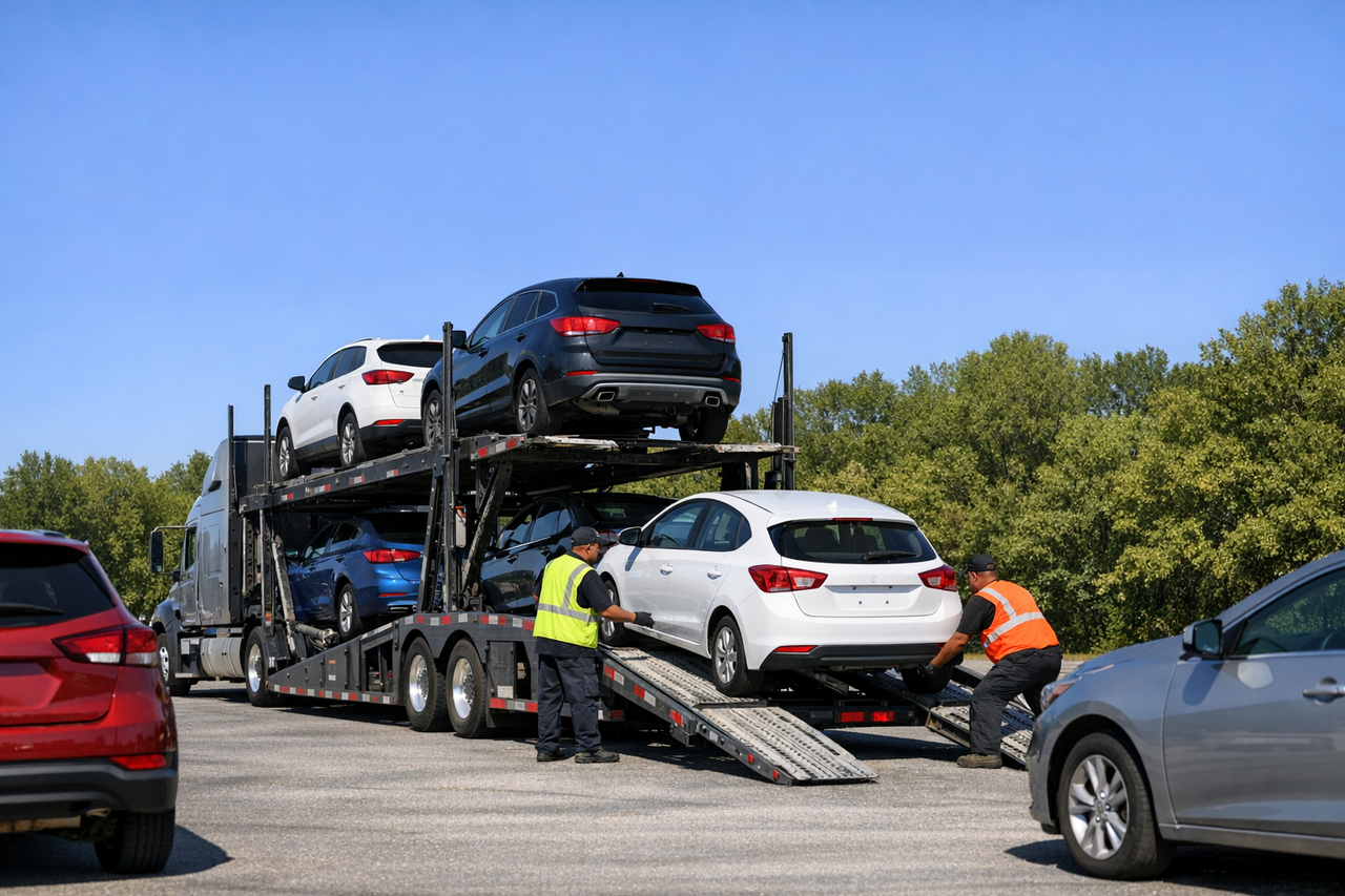 A car being loaded onto a transport truck on a sunny day
