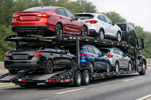Open car transport trailer loaded with vehicles