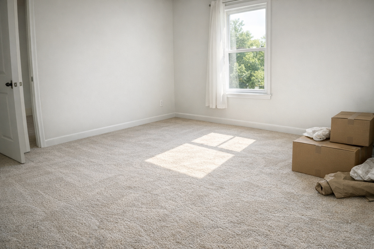 A freshly cleaned carpet in an empty room ready for move-in