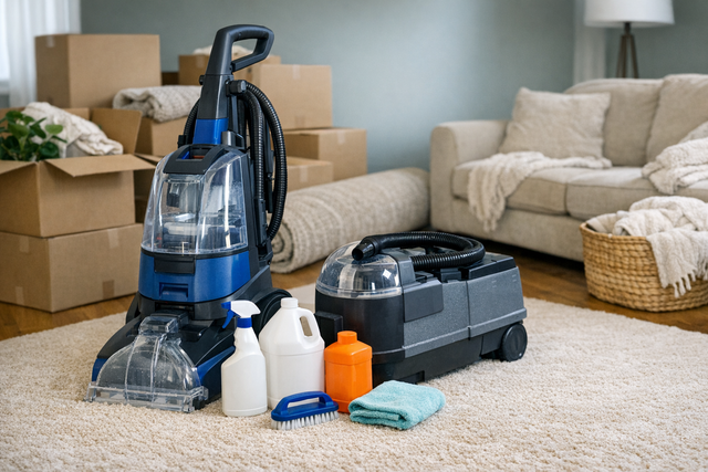 DIY carpet cleaning equipment in a home with unpacked boxes