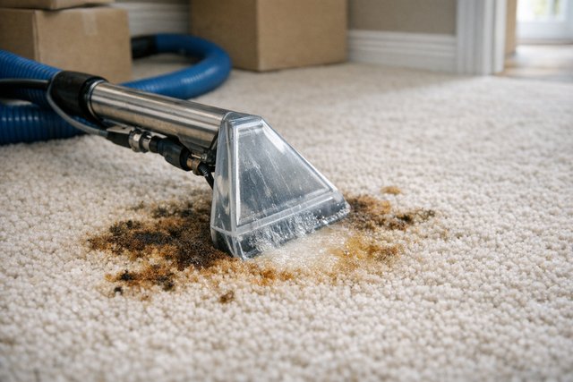 Professional carpet cleaning equipment in use on a stained carpet in a new home