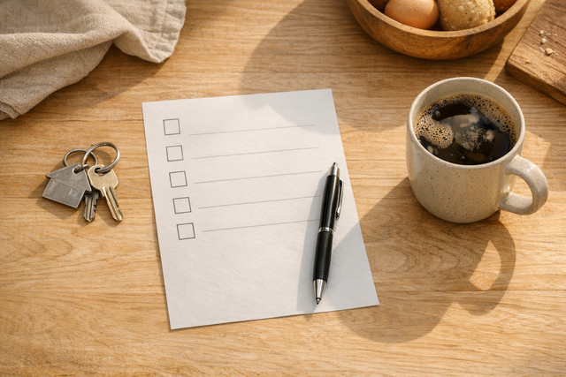 A desk with a checklist and a cup of coffee, symbolizing organization.