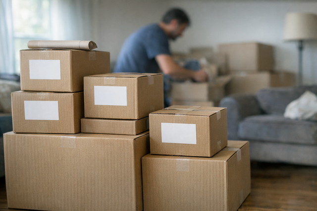 Moving boxes labeled for sorting, representing the organizational effort in moving.