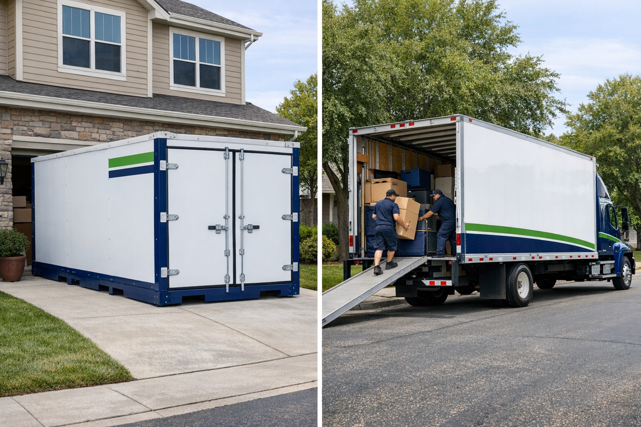 A comparison between portable moving containers and full-service moving vans.