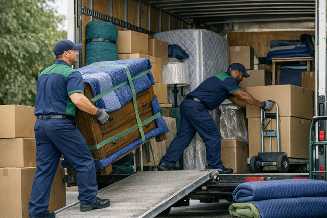 A full-service moving van being loaded by professional movers.