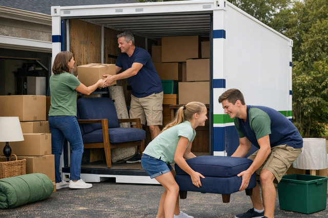 People loading a moving container in a driveway.
