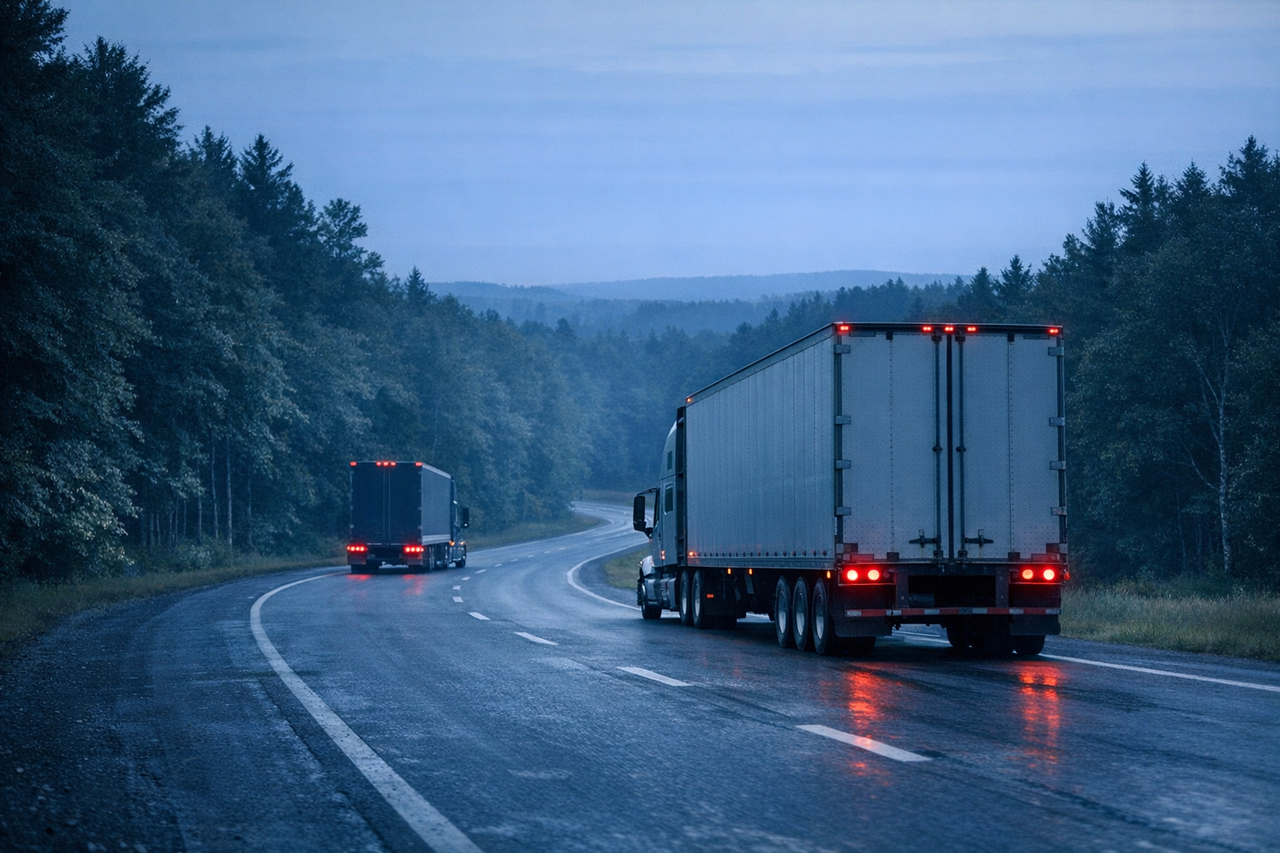 A scenic route with moving trucks traveling cross country