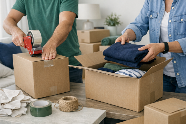 People packing moving boxes in a living room