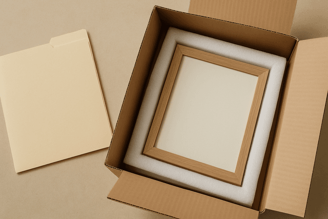 Insurance folder next to a padded fragile moving box