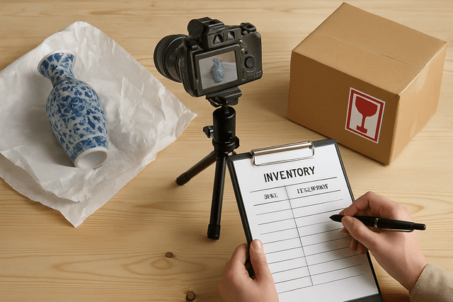 High-value items documented beside inventory forms and padded moving boxes