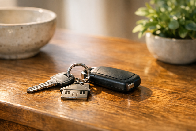 House keys and car keys on a sunlit entry table after a move