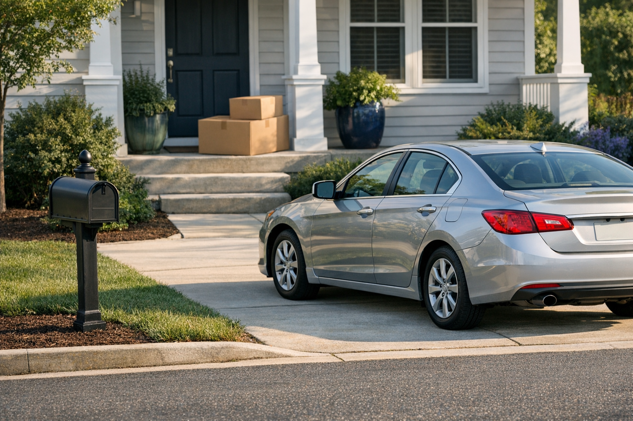 Car parked in a new driveway beside a mailbox and moving boxes on the porch