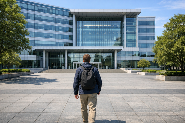 Person walking toward a modern civic building for an in-person visit