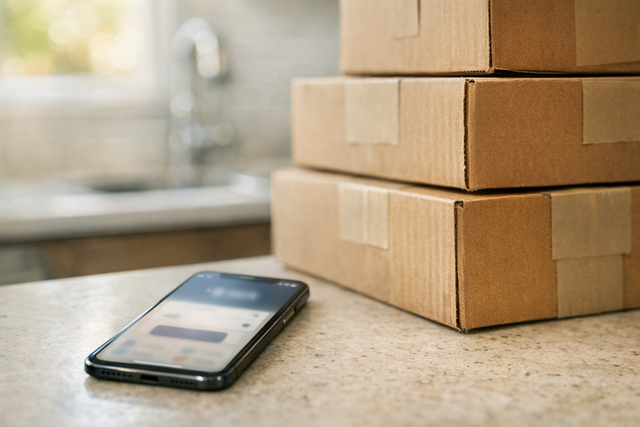Smartphone showing a payment app near moving boxes