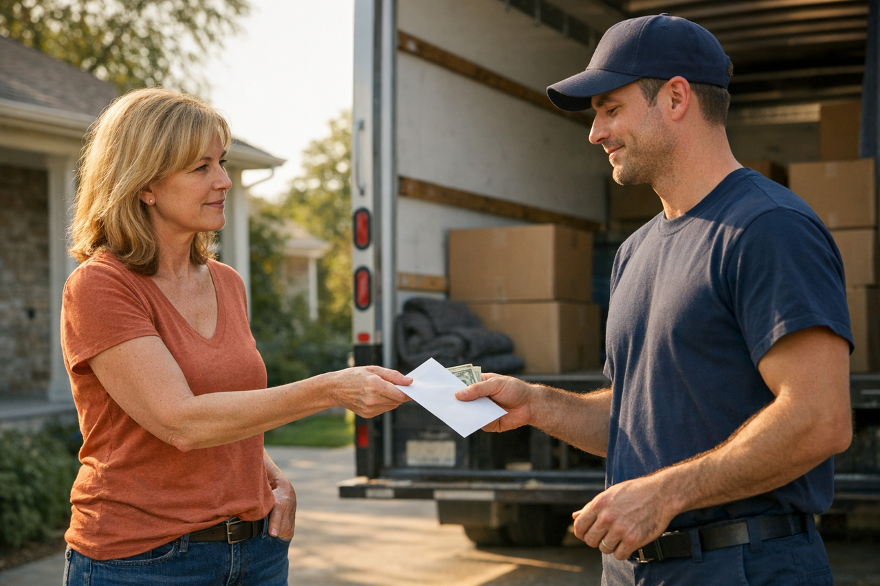 Homeowner handing a thank-you tip to a mover beside a moving truck