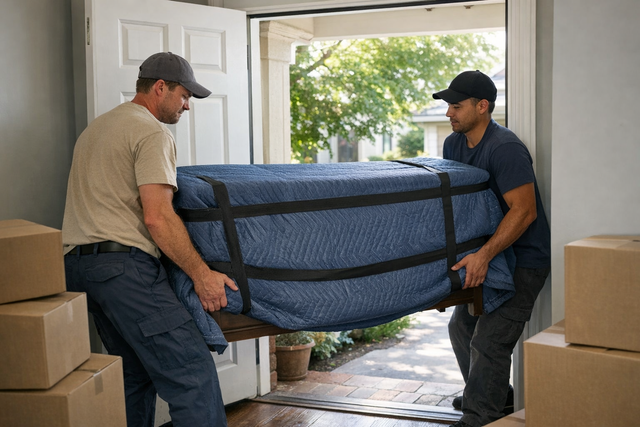 Moving crew carrying wrapped furniture into a home