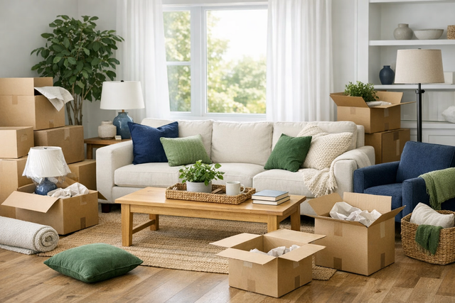 A person unpacking boxes in a bright new living room