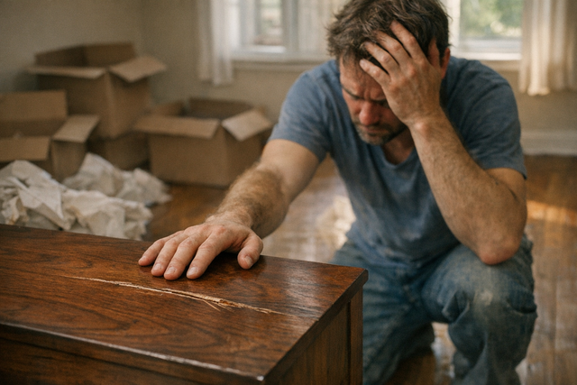 Homeowner kneeling beside a scratched dresser and open moving boxes after a damaging move