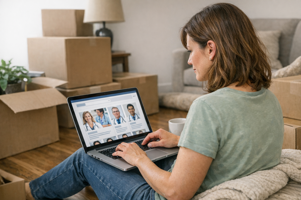A person searching for a new doctor on a laptop amidst moving boxes