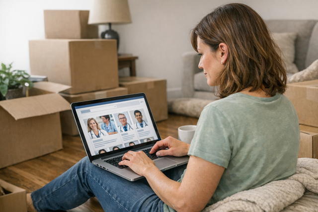 A person searching for a new doctor on a laptop amidst moving boxes