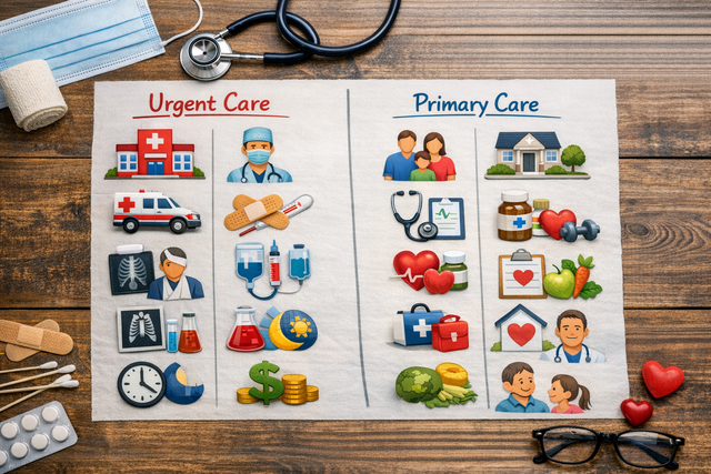 A comparison chart showing options for urgent care and primary care.