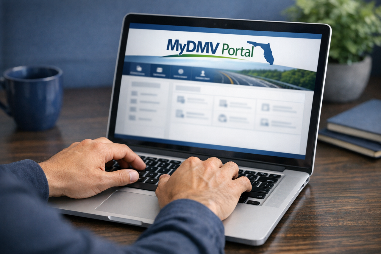 A person typing on a computer, exploring the MyDMV Portal.