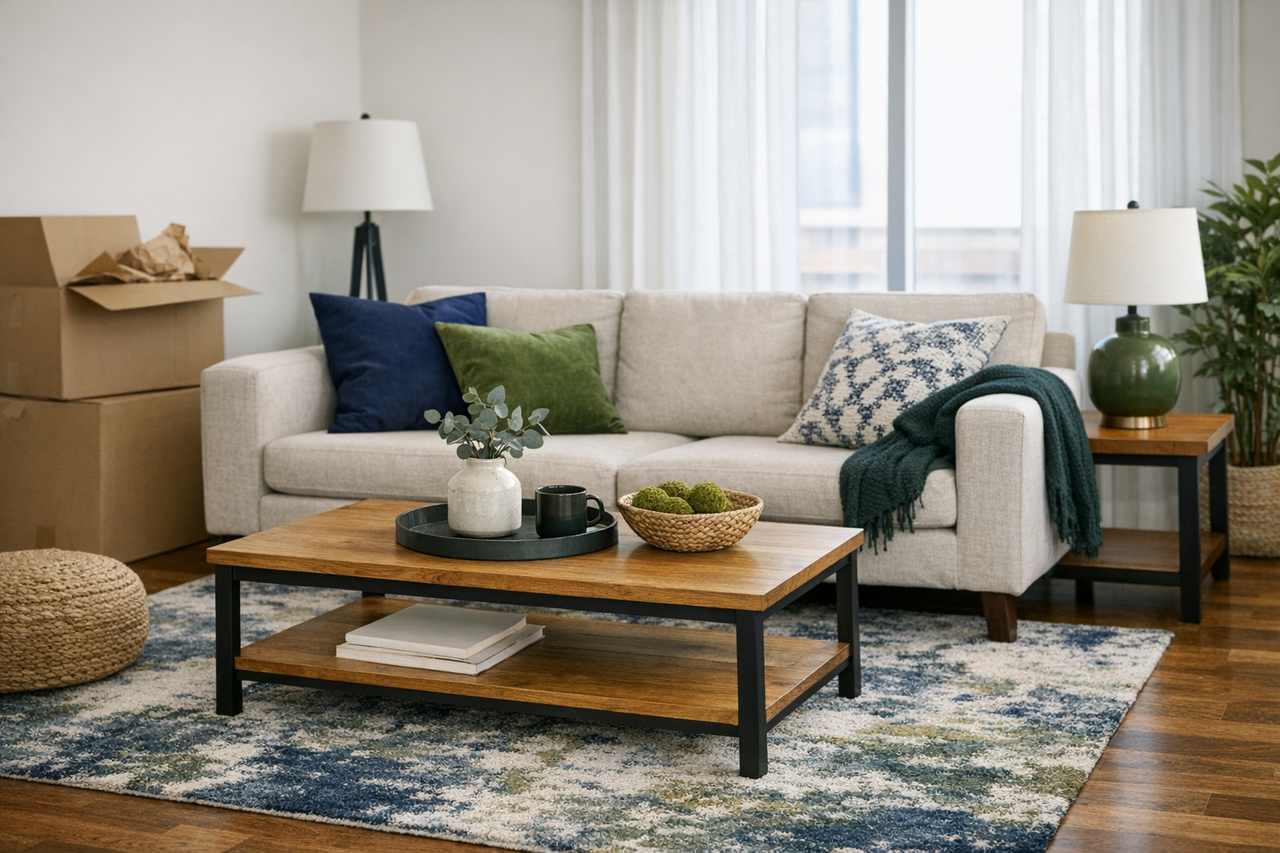 A cozy living room with a sofa and a coffee table in a new apartment