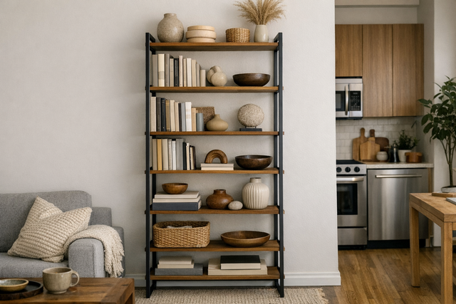 Vertical shelving unit in a small apartment