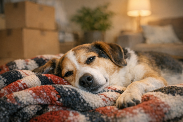 Dog resting comfortably in a new home setting