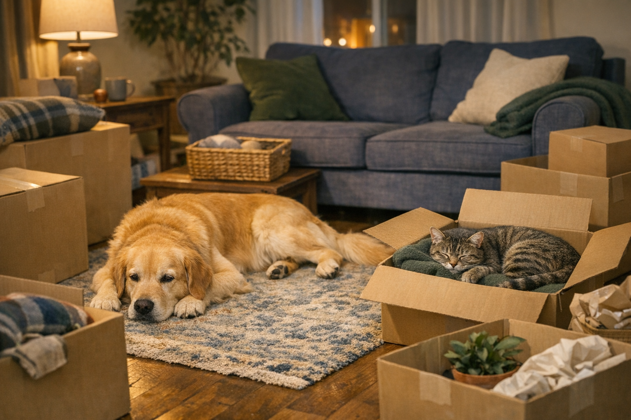 A dog and cat relaxing in a cozy living room unpacked after a move