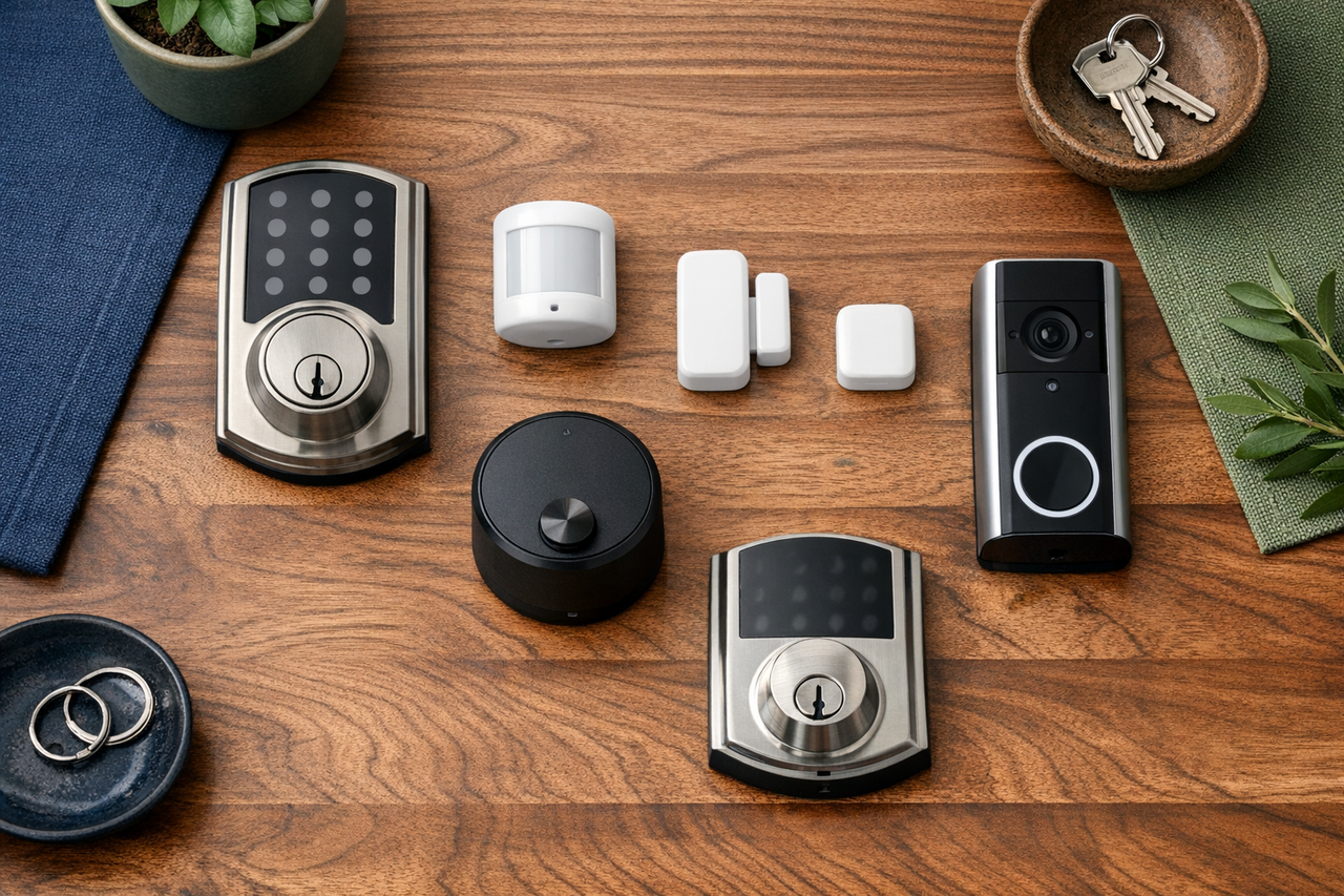 Various home security devices placed on a table