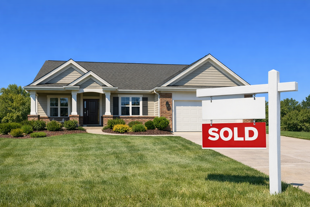 A cozy suburban home with a 'Sold' sign out front, symbolizing a new homeowner's journey.