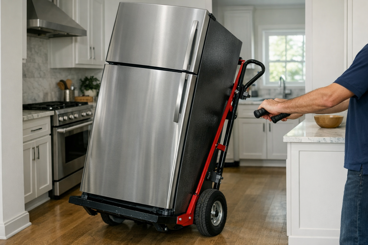 Person moving a refrigerator upright through a kitchen