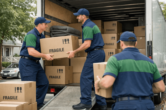 Two professional movers carrying furniture into a truck during an hourly local move