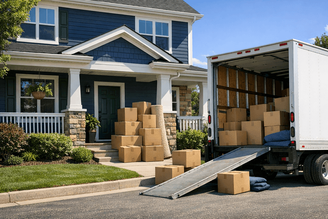 Professional movers loading cardboard boxes into a moving truck outside a suburban home