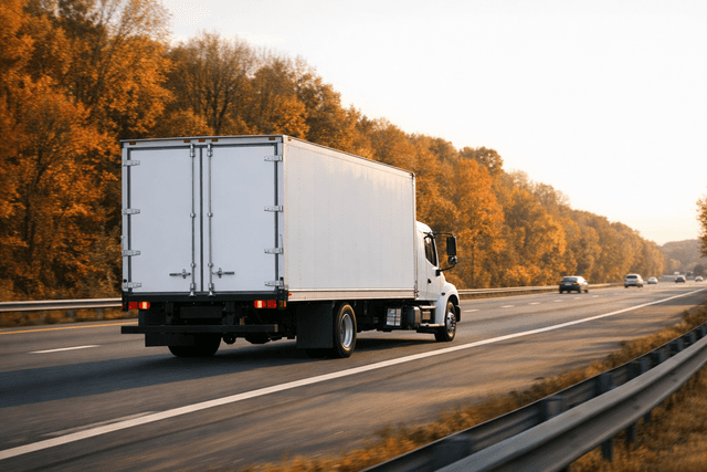 Long distance moving truck driving on a highway during an off-peak autumn relocation