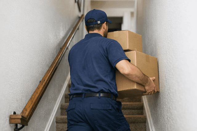 A mover carrying heavy boxes up the stairs.