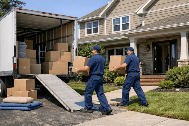 A moving truck parked outside a house with movers carrying boxes.