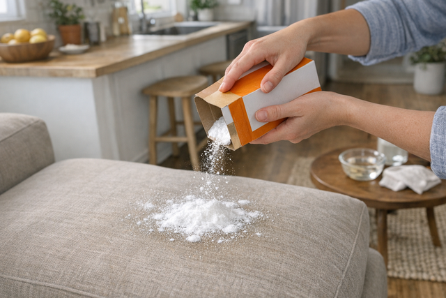 Baking soda being sprinkled on a couch