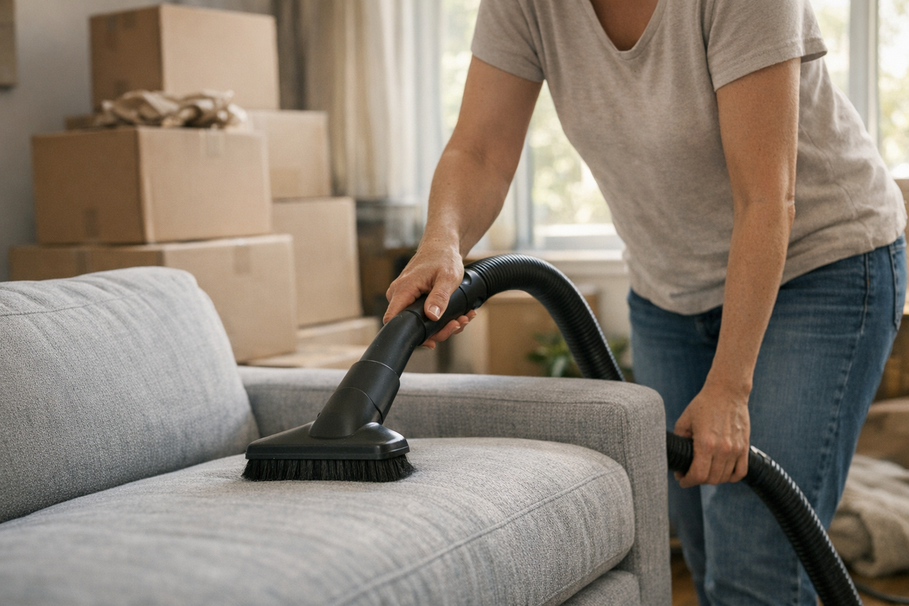 A sofa being cleaned post-move with a vacuum and brush.
