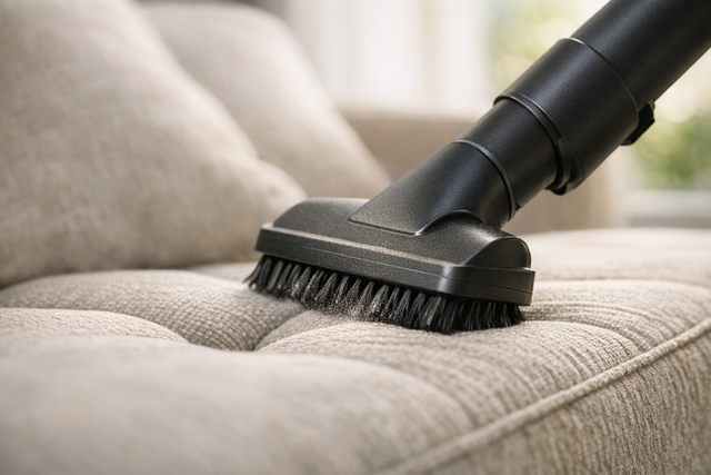 Person vacuuming a couch with a brush attachment