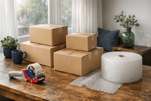 Sealed moving boxes with packing tape and bubble wrap on a wooden table