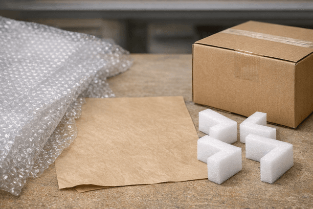 Bubble wrap, packing paper, and foam corners beside a sealed box
