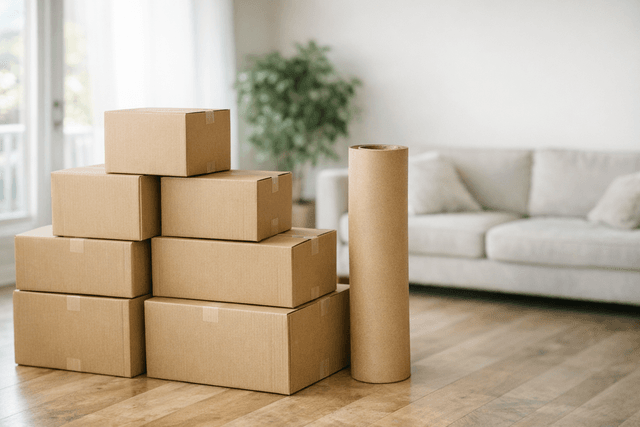 Stacked moving boxes and packing paper in a bright living room