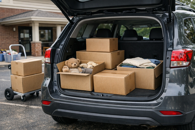 Moving boxes being loaded into a car for donation